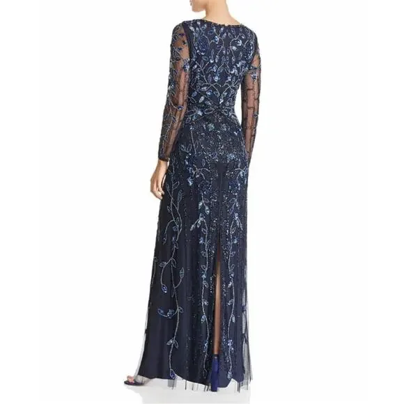 Aidan Mattox Sequined Beaded Long Sleeve Gown Navy Size 10 - Picture 3 of 15